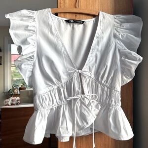 Zara White Ruffled Tie-Front Top
